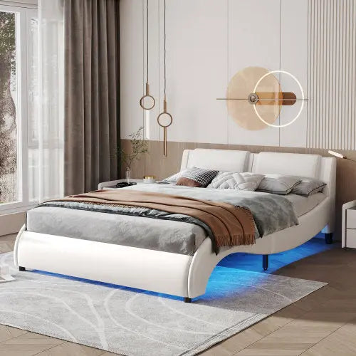 Queen Size Upholstered Faux Leather Platform Bed With LED Light Bed Frame With Slatted - White My Store