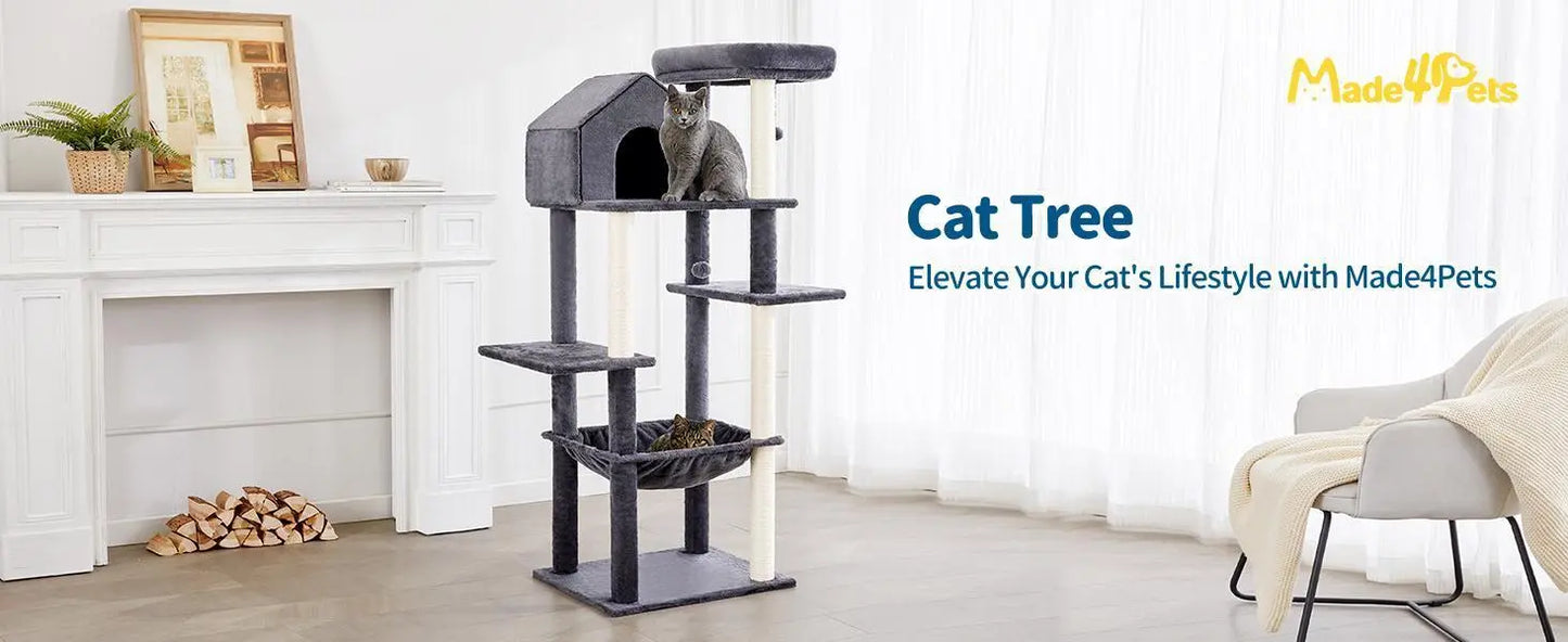 60 InchMulti-Level Cat Tree For Indoor Cats With Plush Hammock My Store