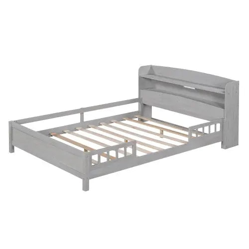 Wood Full Size Platform Bed With Built-in LED Light, Storage Headboard And Guardrail, Antique Grey My Store