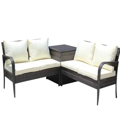 3 Piece Patio Sectional Wicker Rattan Outdoor Furniture Sofa Set With Storage Box Brown My Store