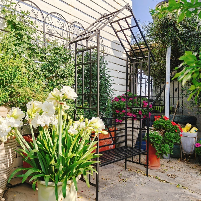 Metal Garden Arch, With Benches- Black Inkedjoy