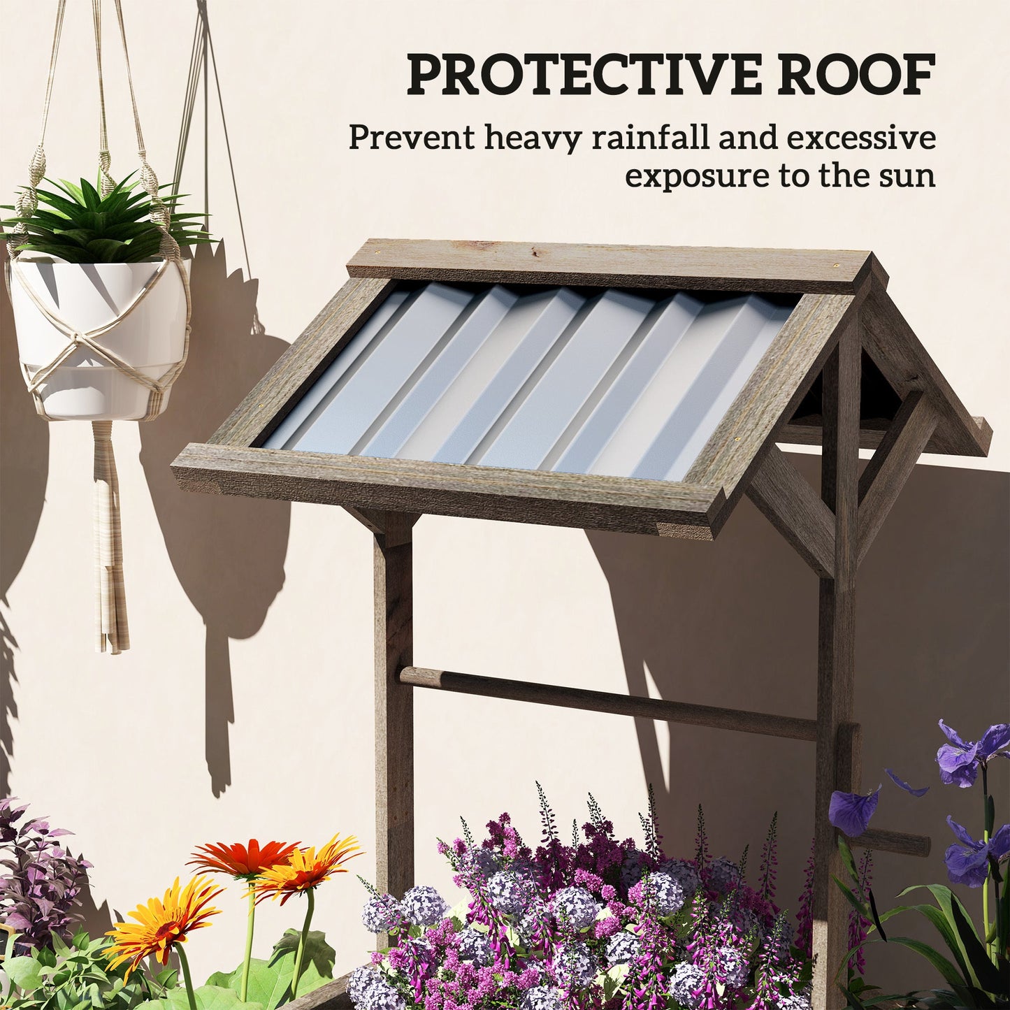 Wooden Wishing Well Planter, Raised Garden Bed With Galvanized Canopy, Hexagon- Light Gray Inkedjoy