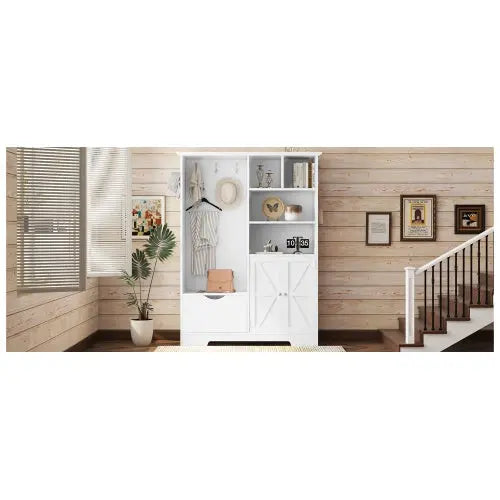 Multi-functional Hall Tree With Storage Shelves Drawers And Cabinet, Elegant Hallway Shoe Cabinet With Bench, Modern Coat Rack With Hooks For Hallway Entryways My Store