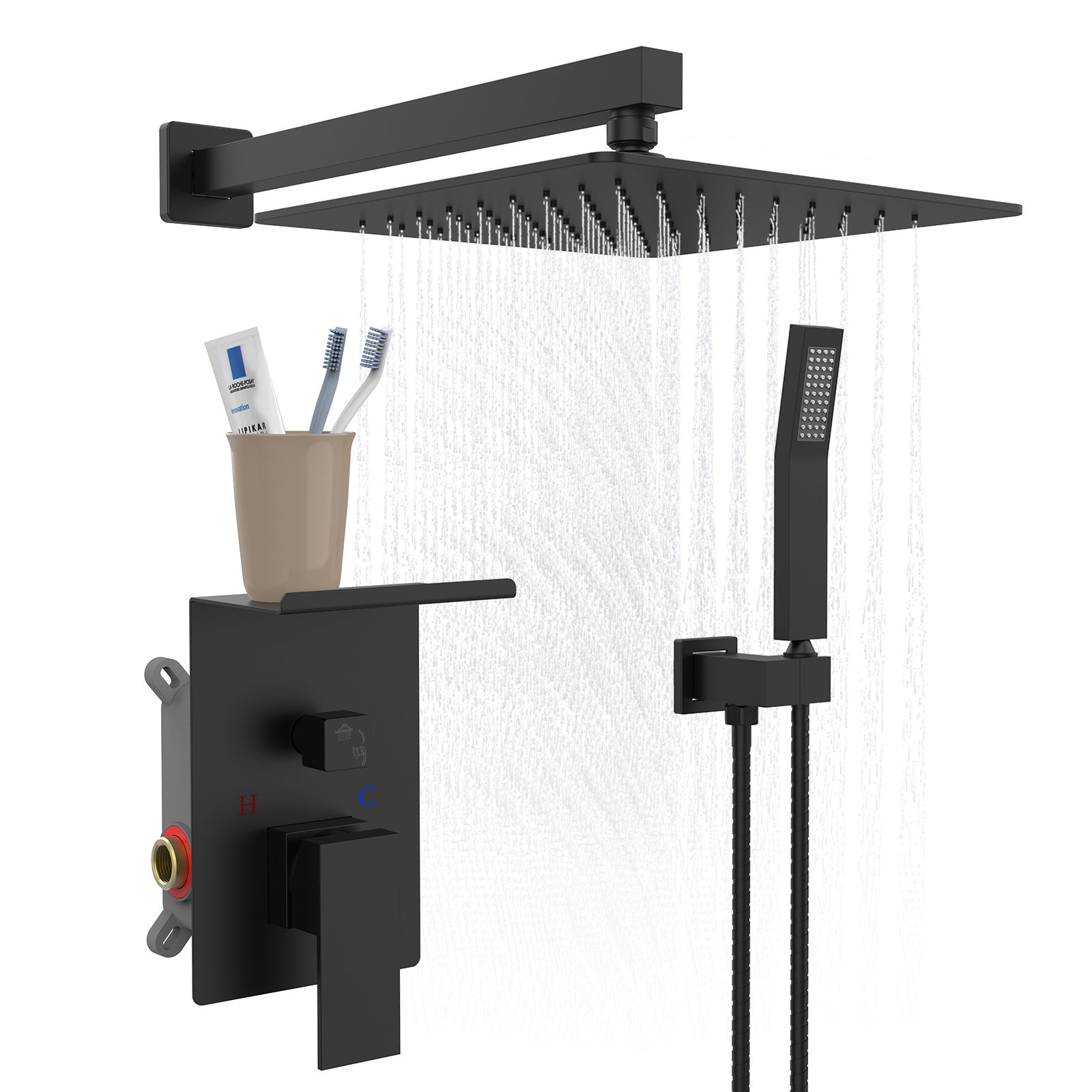 Rainfall Shower System With Storage Rack 10 Inch Shower Faucet Set Matte Black With High Pressure Inkedjoy