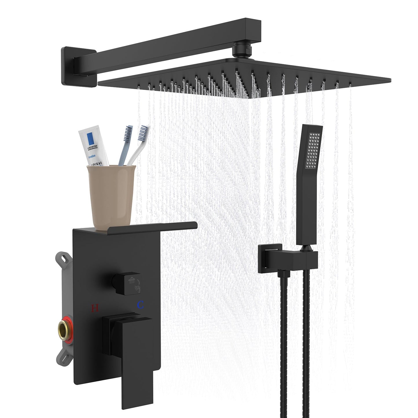 Rainfall Shower System With Storage Rack 10 Inch Shower Faucet Set Matte Black With High Pressure Inkedjoy