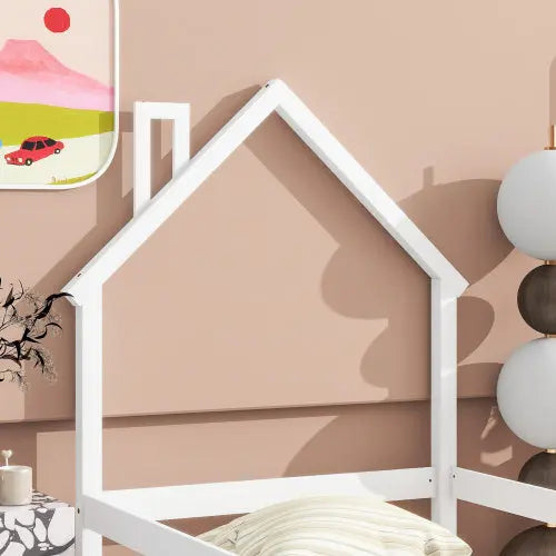 Twin Size Wood Bed With House-shaped Headboard Floor Bed With Fences,White My Store