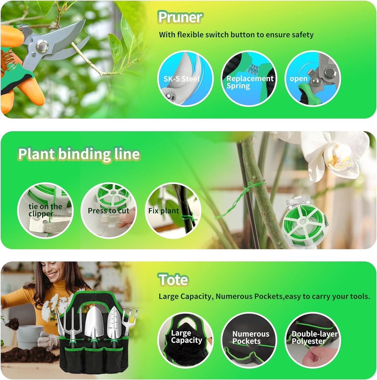 Heavy Duty Garden Tools 9Pieces Set - Rust Proof, Ergonomic Gardening Hand Tools Inkedjoy