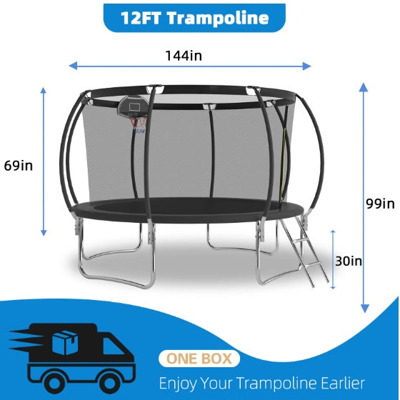 12 FT TRAMPOLINE BLACK PUMPKIN-STYLE SAFETY NET WITH BASKETBALL HOOP My Store