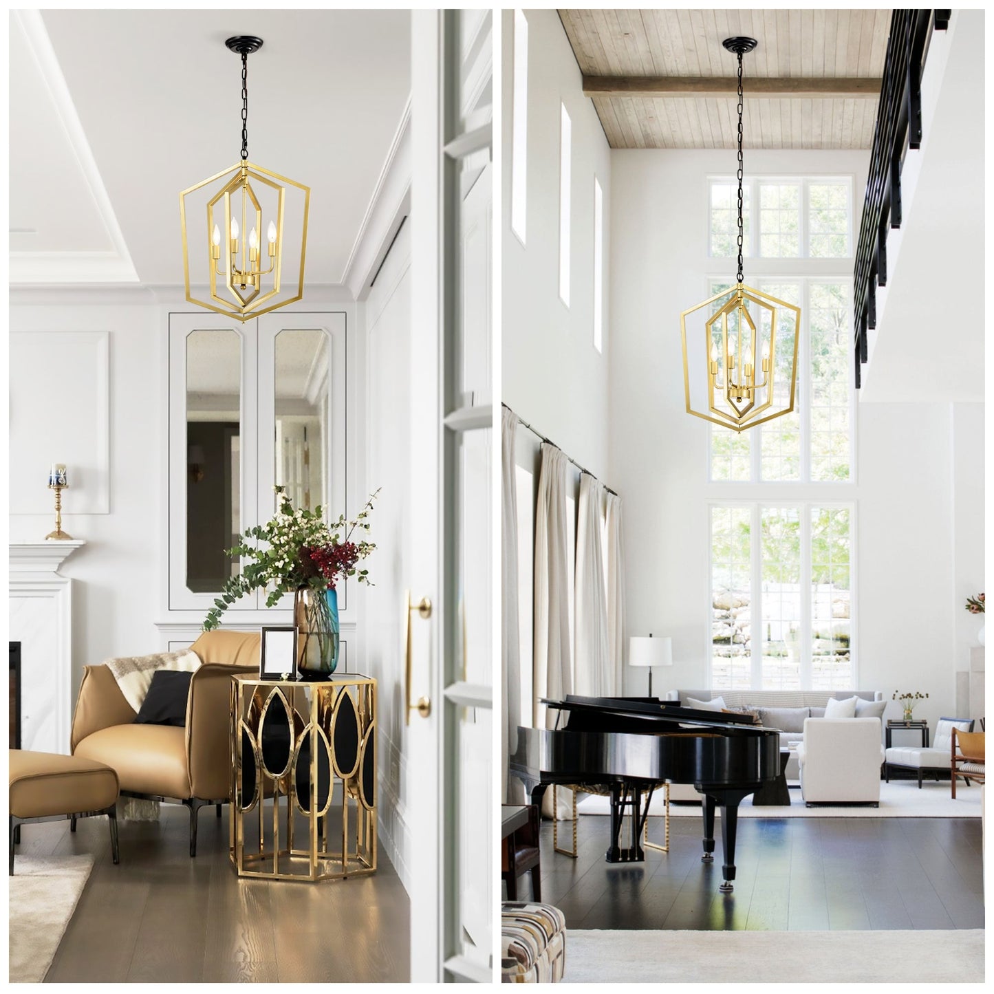 4-Light Farmhouse Kitchen Chandeliers, Vintage Cage Light Fixture -GOLD MATTE BLACK Inkedjoy