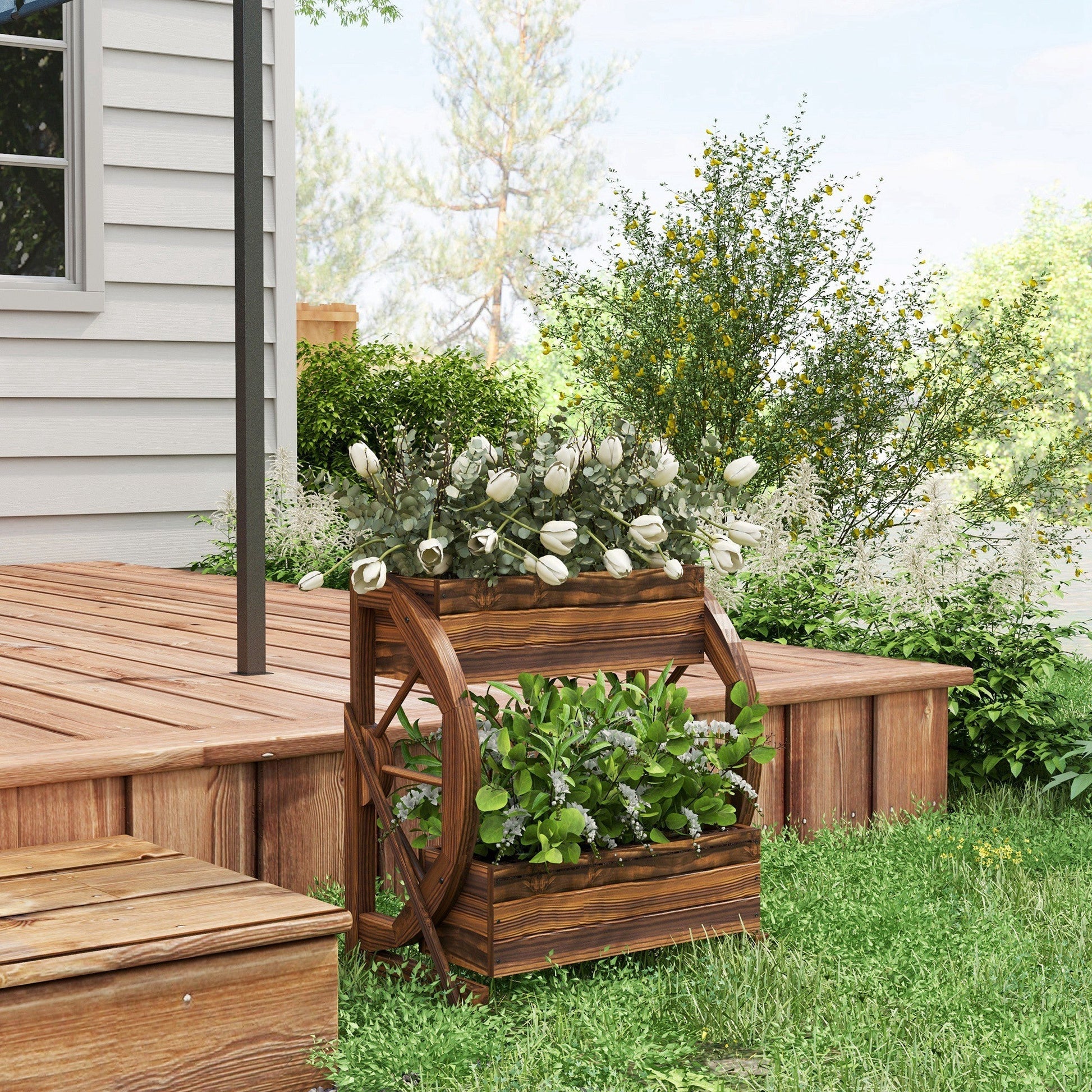 Wooden Wagon Planter Box, 2-Tier Raised Garden Bed, For Vegetables Flowers Herbs Ohberri
