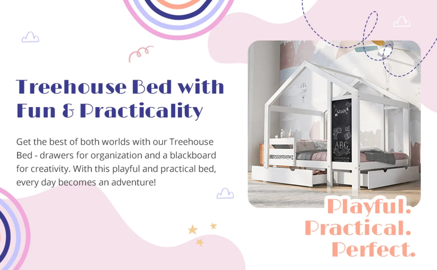 Twin House Bed With Blackboard And Drawers, Two Assembly Options, White My Store