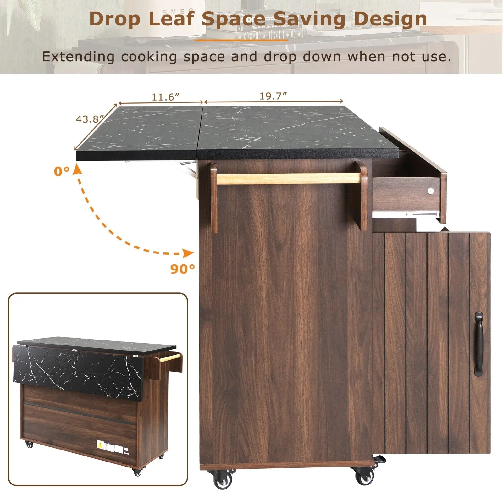 K&K Kitchen Island With Trash Can Storage Cabinet, Kitchen Cart With Drop Leaf, Spice Rack, Towel Ra My Store