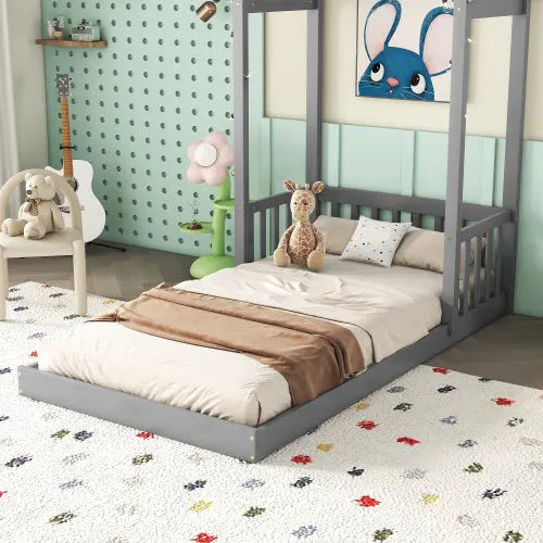 Twin House-shaped Roof Headboard Floor Bed,,without Slats,Grey My Store