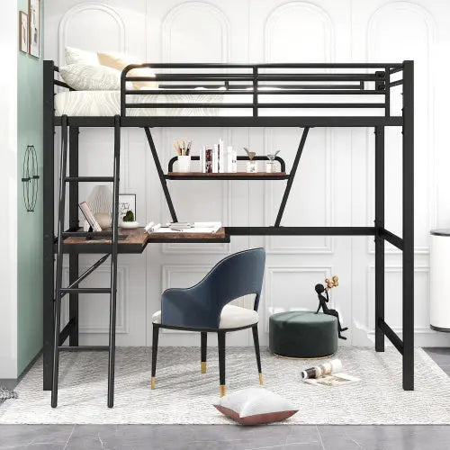 Twin Size Loft Metal&MDF Bed With Desk And Shelf, Black My Store