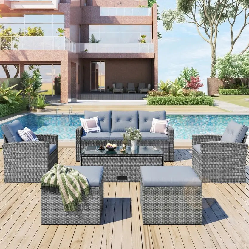 6-Piece All-Weather Wicker PE Rattan Patio Dining Set With Coffee Table My Store