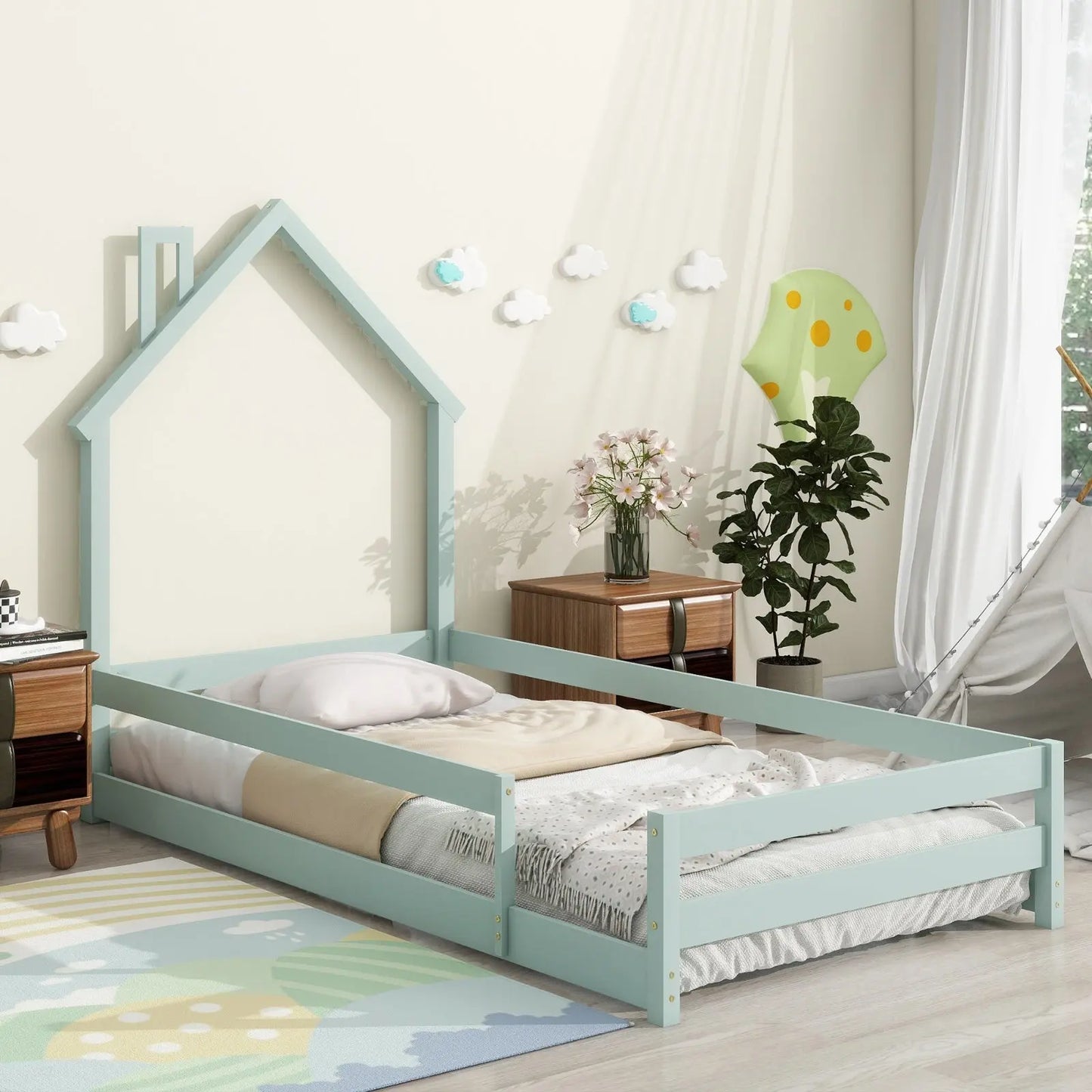 Twin Size Wood Bed With House-shaped Headboard Floor Bed With Fences,Light Green My Store
