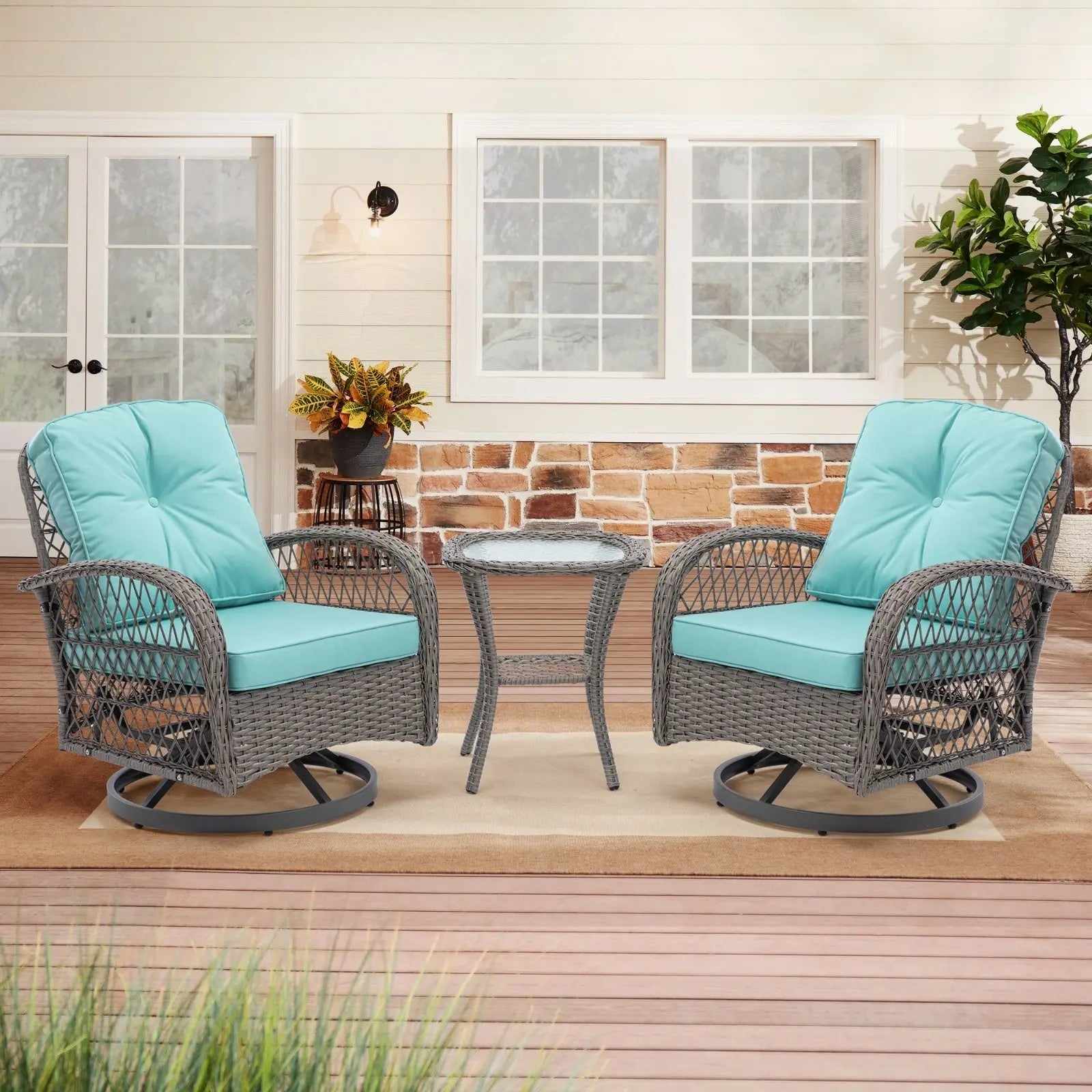 3pc Outdoor Swivel Rocker Patio Chairs 360  Rocking Set With Thick Cushions My Store