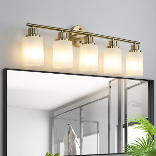 5 Lamps Gold Bathroom Vanity Lamp, Frosted Glass Shade, Modern Wall Mounted Lighting Inkedjoy