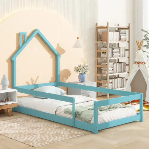 Twin Size Wood Bed With House-shaped Headboard Floor Bed With Fences,Light Blue My Store
