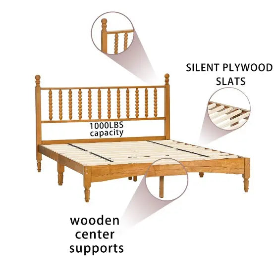 Queen Wood Bed Frame With Headboard, Solid Rubber Wood Bed My Store