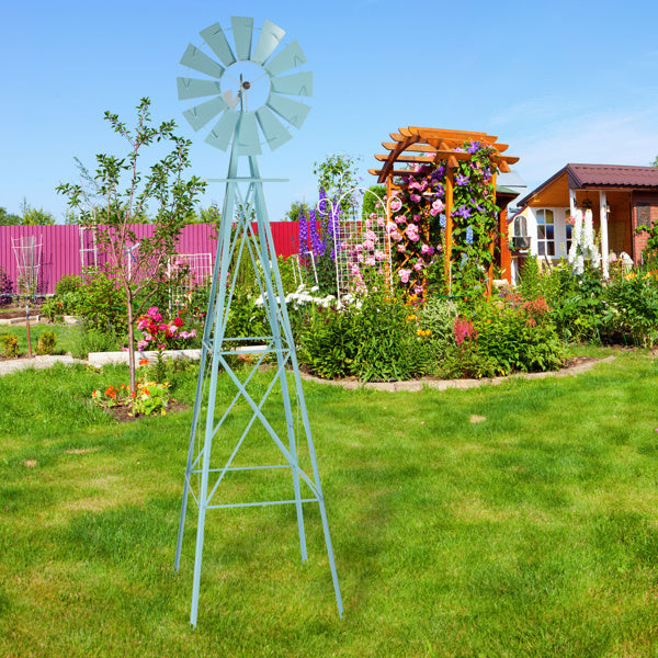 8ft Light Blue Ribbon Wind Vane, 4-pod Standing Iron Windmill Inkedjoy