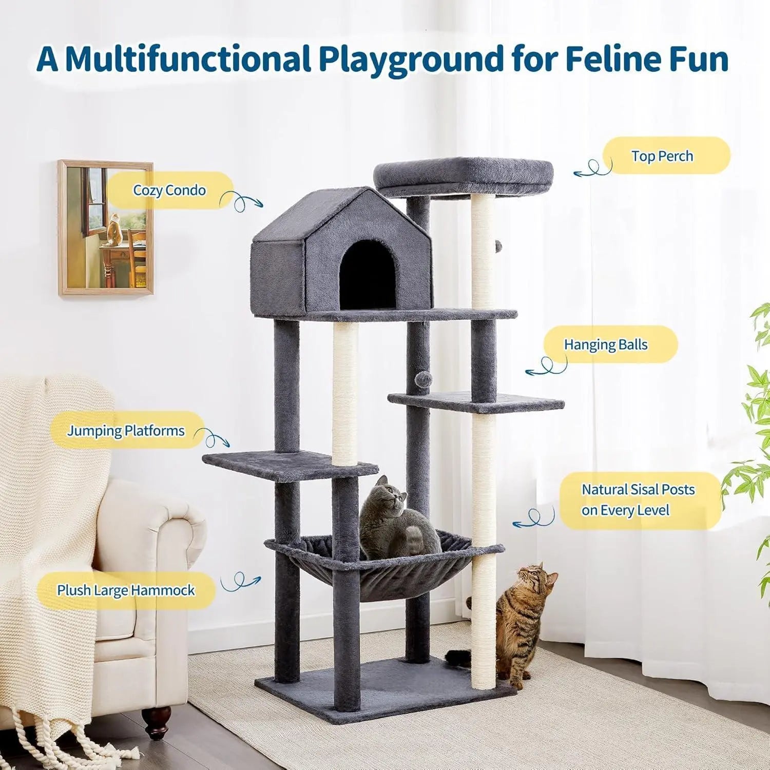 60 InchMulti-Level Cat Tree For Indoor Cats With Plush Hammock My Store