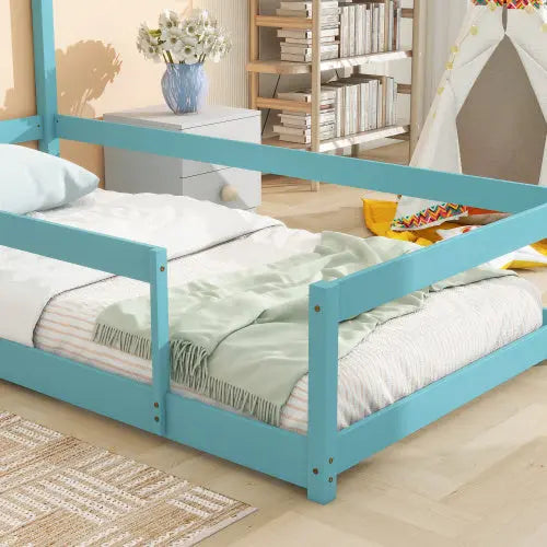 Twin Size Wood Bed With House-shaped Headboard Floor Bed With Fences,Light Blue My Store