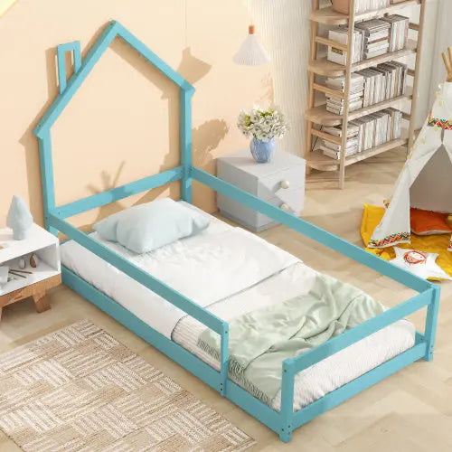 Twin Size Wood Bed With House-shaped Headboard Floor Bed With Fences,Light Blue My Store