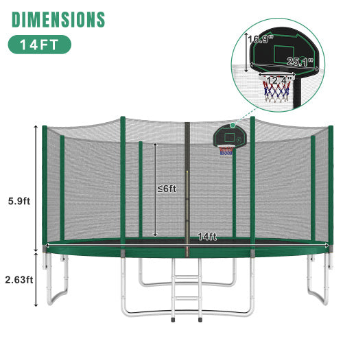14FT Trampoline For Kids With Safety Enclosure Net, Basketball Hoop And Ladder My Store
