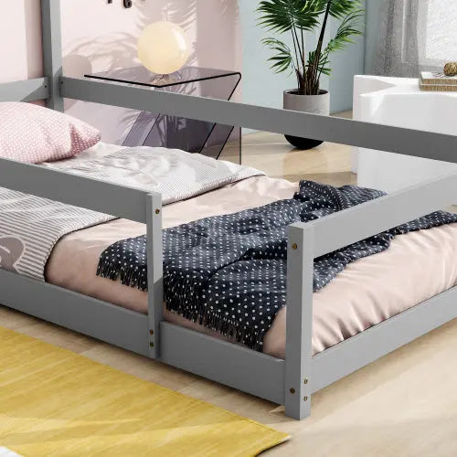 Twin Size Wood Bed With House-shaped Headboard Floor Bed With Fences,Grey My Store