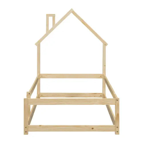 Twin Size Wood Bed With House-shaped Headboard Floor Bed With Fences,Natural My Store