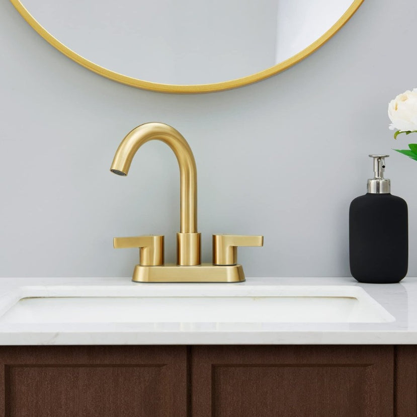 Brushed Gold Bathroom Faucet 4 Inch 2 Handle, Swivel Spout With Brass Drain My Store