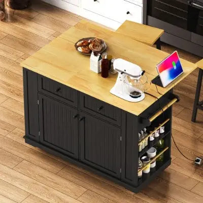 Large Kitchen Island With 2 Bar Stools, Power Outlet, Door Internal Storage Rack My Store