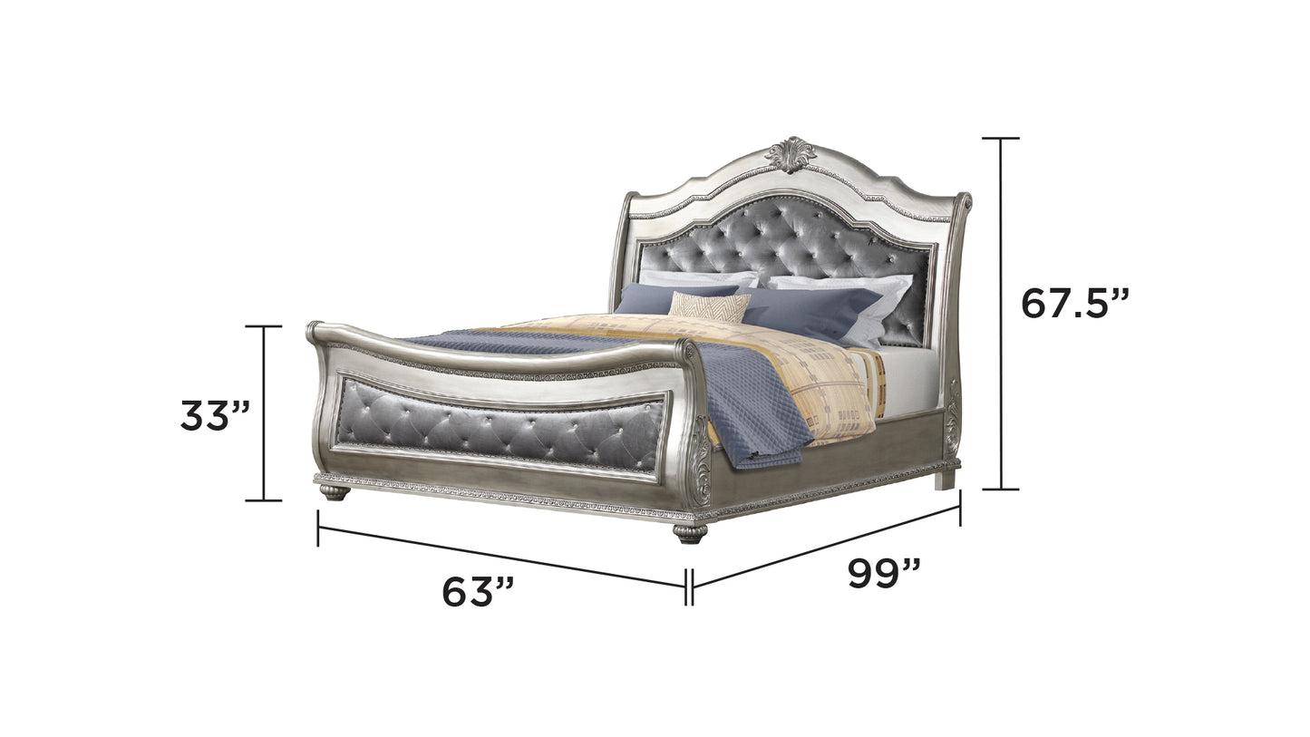 Traditional Style 4 Pc Queen Bedroom Set With Upholstered Crystal-Tufted bed Made with Wood in Silver - Ohberri