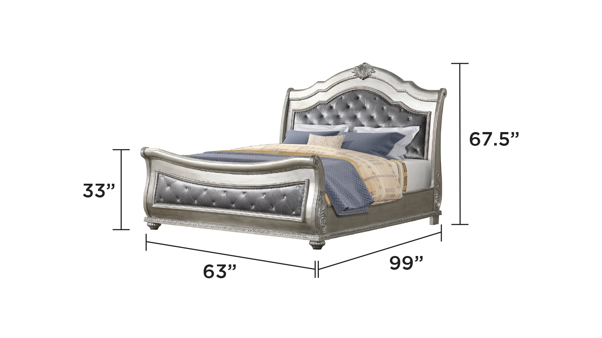 Traditional Style 4 Pc Queen Bedroom Set With Upholstered Crystal-Tufted bed Made with Wood in Silver - Ohberri