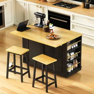 Large Kitchen Island With 2 Bar Stools, Power Outlet, Door Internal Storage Rack My Store