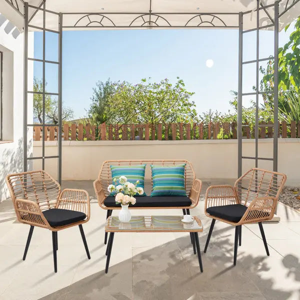 Yellow Round Rattan, Black Seat Cushion, Braided Rattan Four-piece Set My Store