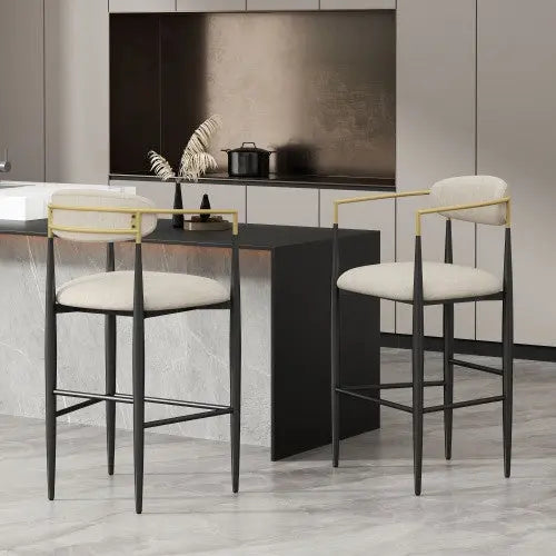 Barstools Set Of 2, Counter Height Upholstered Bar Stools With Back For Kitchen Island, Beige Faux PU Leather Seating Black Iron Legs 260LBS Weight Capacity My Store