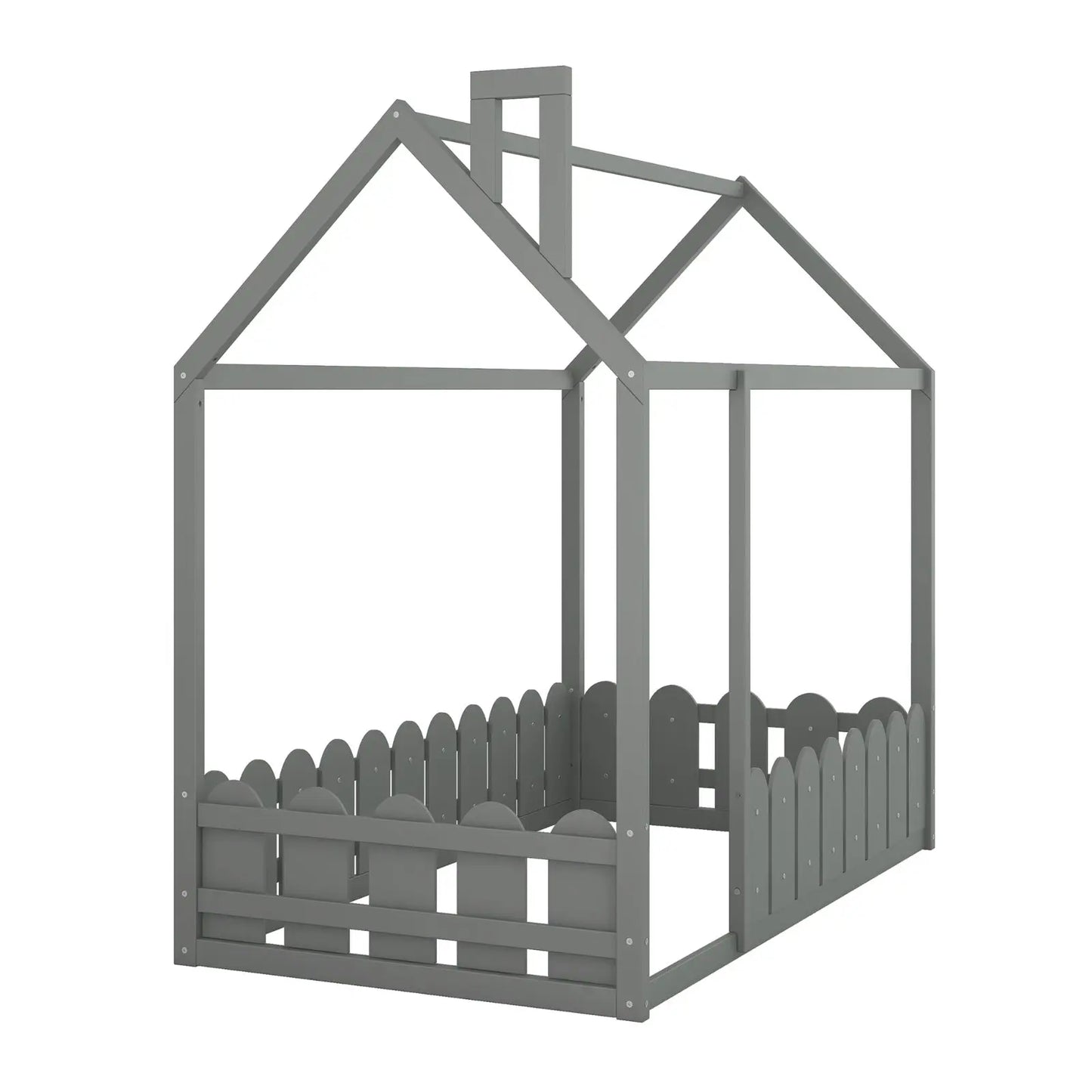 Twin Size Wood House Bed Frame With Fence For Kids, Teens - No Slats My Store