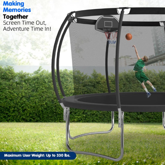 12 FT TRAMPOLINE BLACK PUMPKIN-STYLE SAFETY NET WITH BASKETBALL HOOP My Store