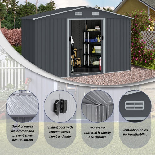 Outdoor Storage Shed 8 X 10 FT Large Metal Tool Sheds Heavy Duty Storage Grey My Store