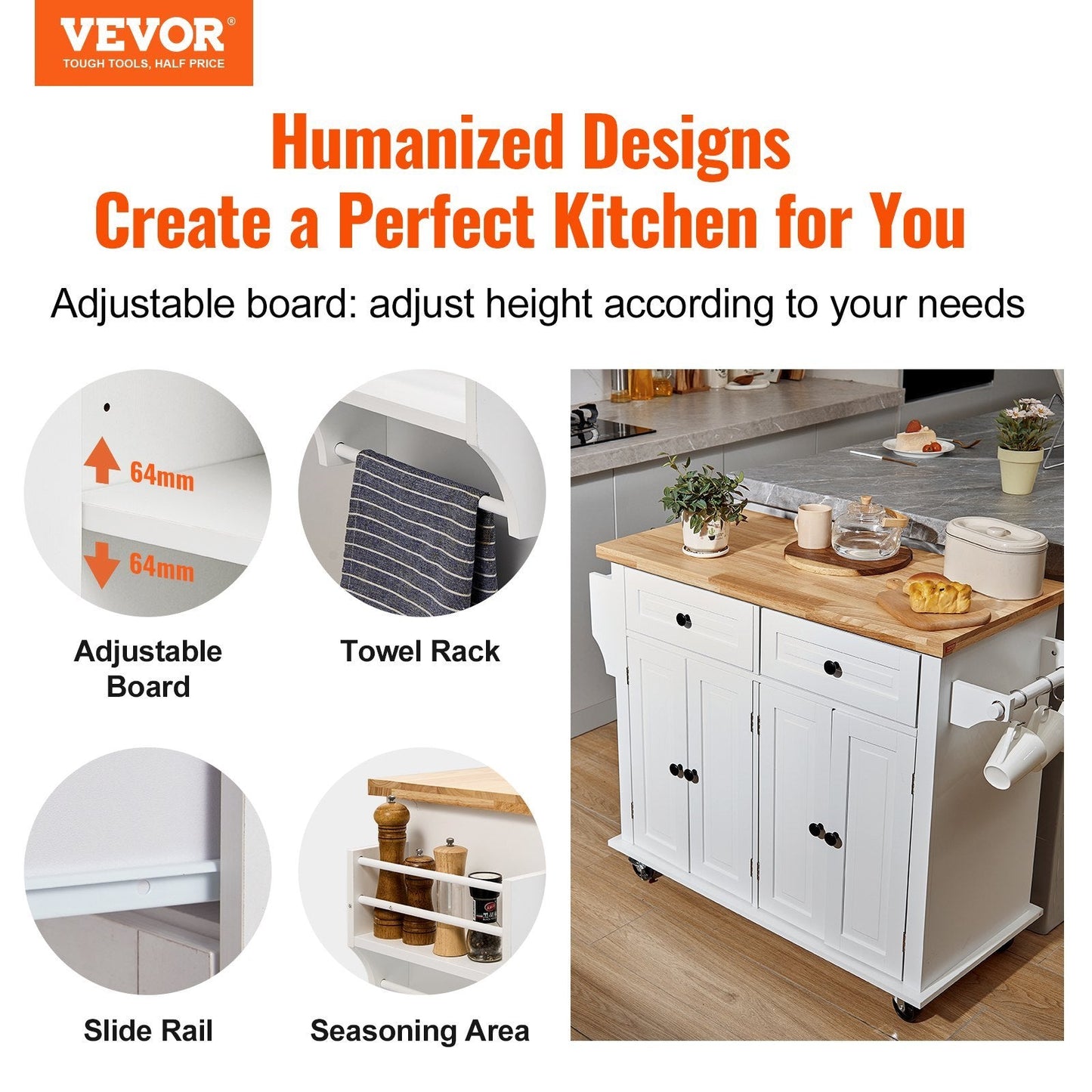 Kitchen Island Cart With Solid Wood On Wheels, White Inkedjoy