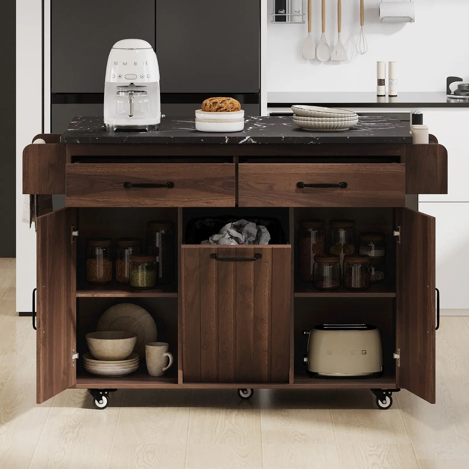 K&K Kitchen Island With Trash Can Storage Cabinet, Kitchen Cart With Drop Leaf, Spice Rack, Towel Ra My Store