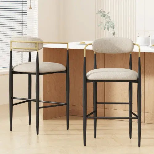 Barstools Set Of 2, Counter Height Upholstered Bar Stools With Back For Kitchen Island, Beige Faux PU Leather Seating Black Iron Legs 260LBS Weight Capacity My Store