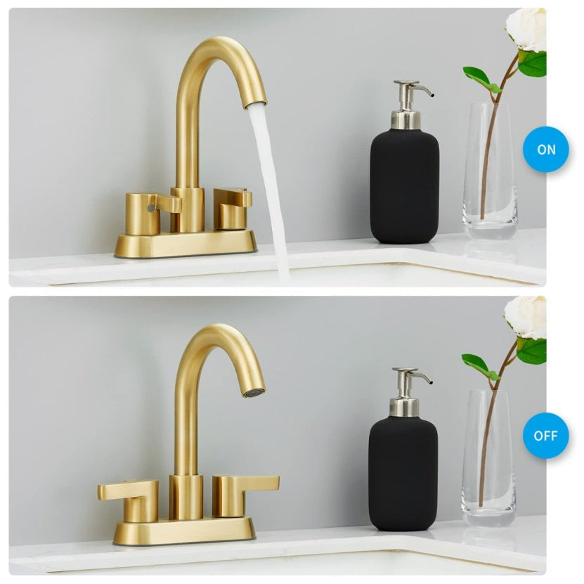 Brushed Gold Bathroom Faucet 4 Inch 2 Handle, Swivel Spout With Brass Drain My Store