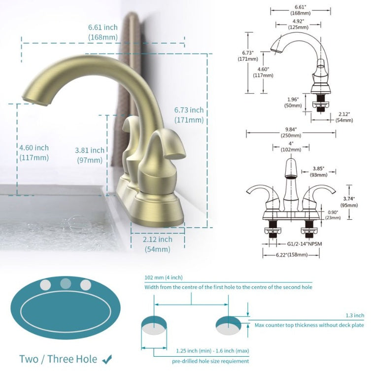 Bathroom Faucet 2-Handle Brushed Gold With Aerator, Swan Style 4-inch My Store