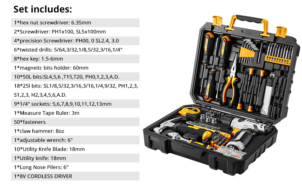 DEKO 126 Piece Power Tool Combo Kits with 8V Cordless Drill, 10MM 3/8'' Ohberri