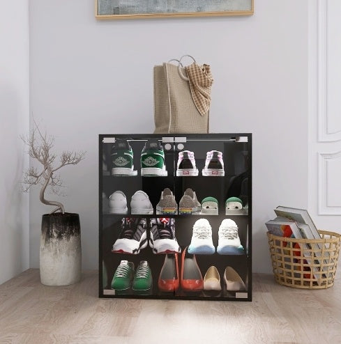 4-layer Black Shoe Cabinet With LED Lights And Bluetooth Control Inkedjoy