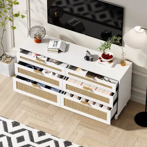 Rattan Dresser With 6 Drawers -White My Store