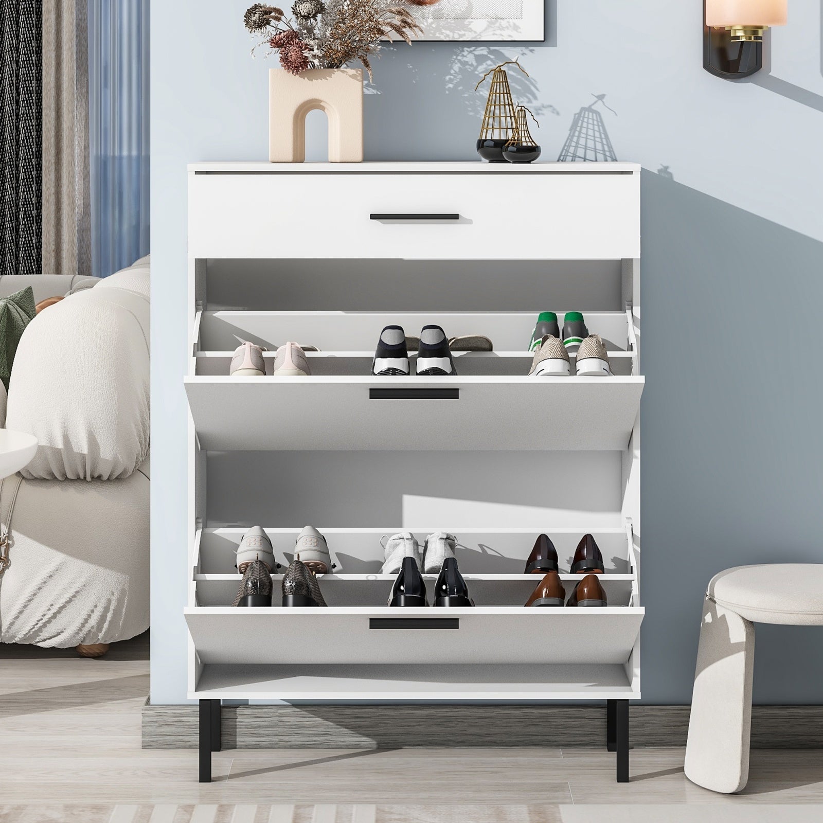 Modern Shoe Cabinet With Drawers & Metal Legs Inkedjoy